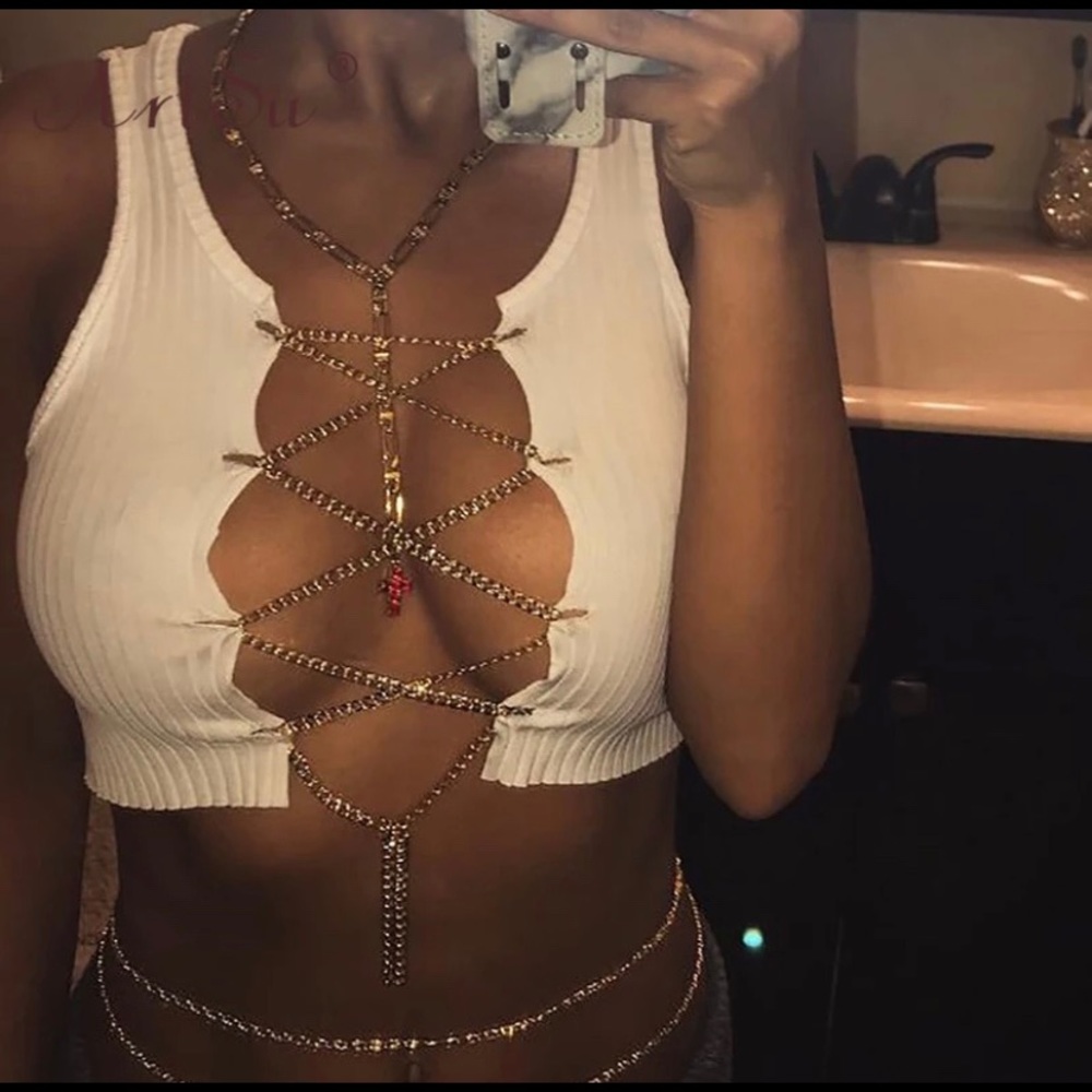 Lace Up Chain White Crop Top